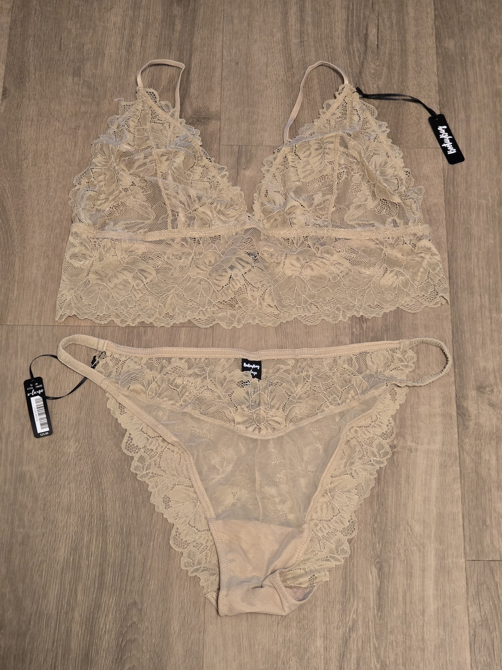 New w/ Tags - BootyBag Lace Bralette & Bikini Set in Beige - Size XL & XXL